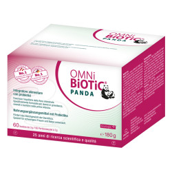Confezione da 60 bustine di Omni-Biotic PANDA, integratore per l'equilibrio intestinale delle donne in gravidanza.