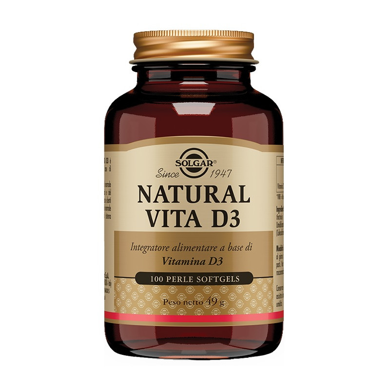 Barattolo da 100 perle di Solgar Natural Vita D3, integratore per il benessere di ossa e muscoli.