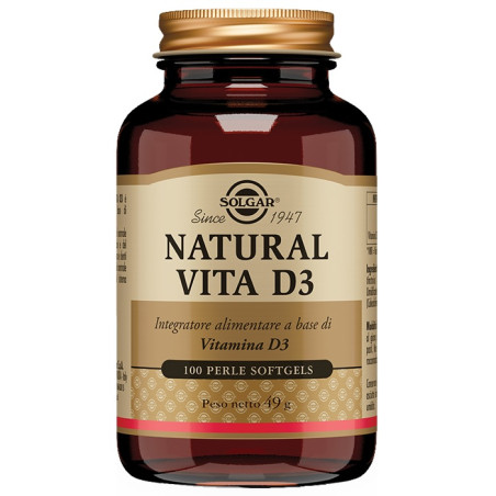 Barattolo da 100 perle di Solgar Natural Vita D3, integratore per il benessere di ossa e muscoli.