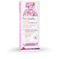Flacone da 150 ml di Recolum Sciroppo, prodotto per bambini e adulti, utile contro tosse secca e grassa.