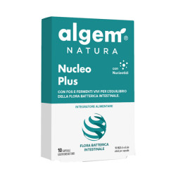 Confezione da 10 capsule di Algem Nucleo Plus, integratore per il benessere intestinale.