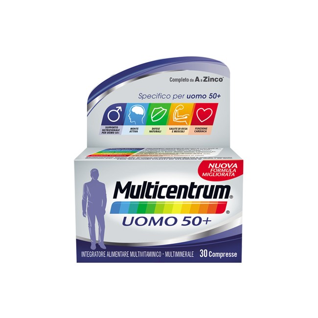 Confezione da 30 compresse di Multicentrum uomo 50+ multivitaminico e multiminerale per uomini sopra i 50 anni Confezione da 30 compresse di Multicentrum uomo 50+ multivitaminico e multiminerale per uomini sopra i 50 anni