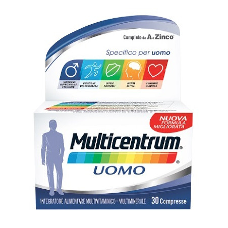 Confezione da 30 compresse di Multicentrum Uomo, integratore di vitamine e minerali per uomini. Confezione da 30 compresse di Multicentrum Uomo, integratore di vitamine e minerali per uomini.
