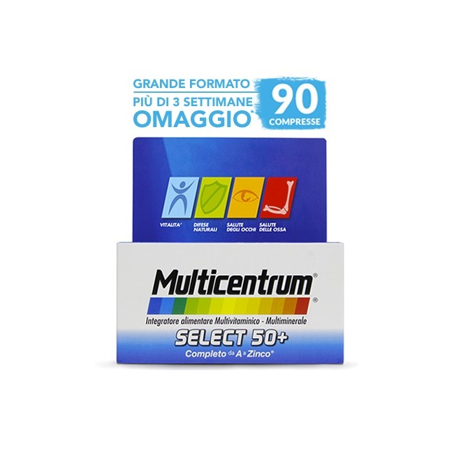 Confezione da 90 compresse di Multicentrum select 50+ multivitaminico per adulti sopra i 50 anni Confezione da 90 compresse di Multicentrum select 50+ multivitaminico per adulti sopra i 50 anni