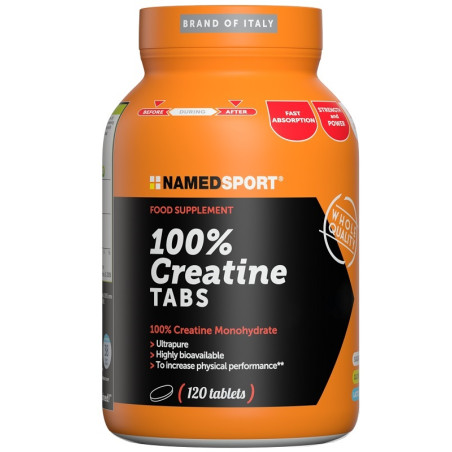 Confezione da 120 compresse di Named Sport 100% Creatine Tabs, integratore energizzante con creatina.