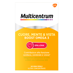 Confezione da 60 mini perle di Multicentrum My Omega 3, integratore per cuore, mente e vista.