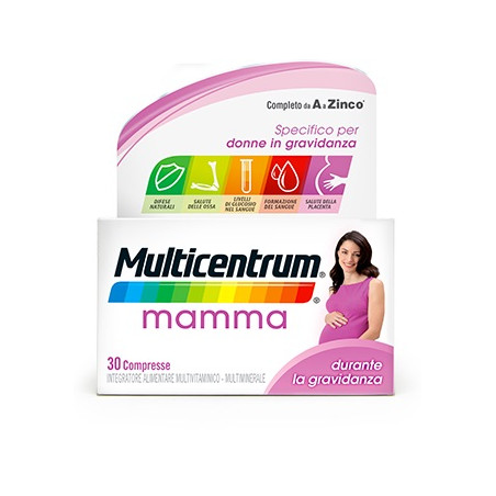 Confezione da 30 compresse di Multicentrum Mamma, integratore utile durante la gravidanza.