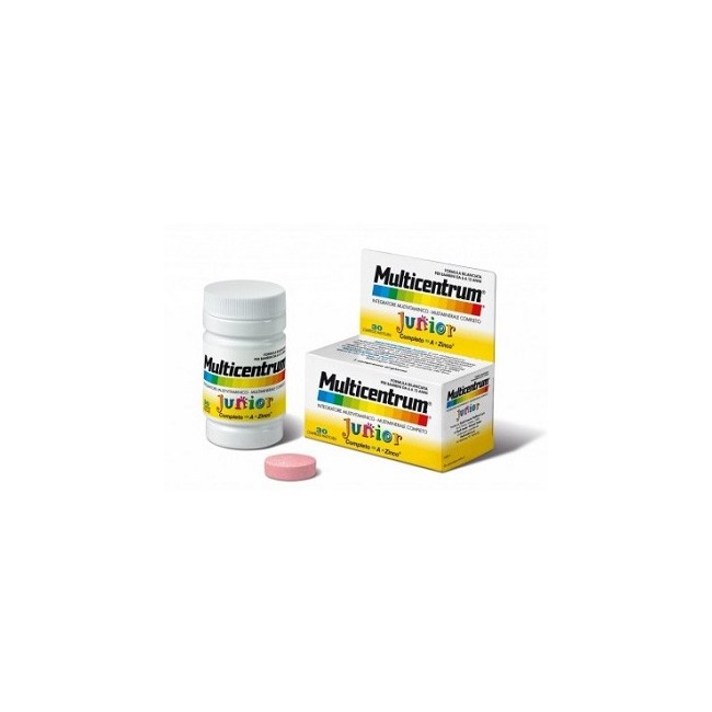 Confezione da 30 compresse masticabili di Multicentrum Junior, integratore multivitaminico per bambini. Confezione da 30 compresse masticabili di Multicentrum Junior, integratore multivitaminico per bambini.