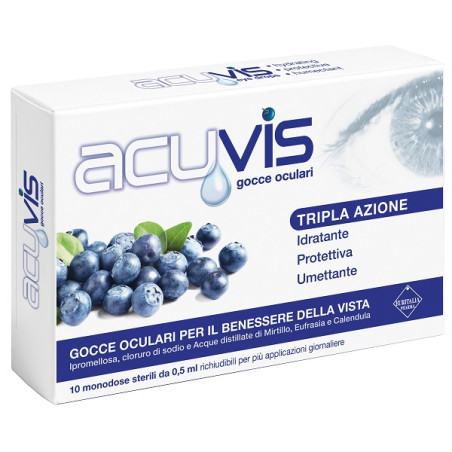 Confezione da 10 fialette di Acuvis gocce oculari idratanti e protettive. Confezione da 10 fialette di Acuvis gocce oculari idratanti e protettive.