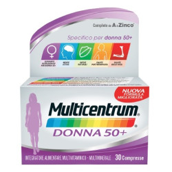 Confezione da 30 compresse di Multicentrum Donna 50+, integratore multivitaminico e multiminerale per donne over 50.