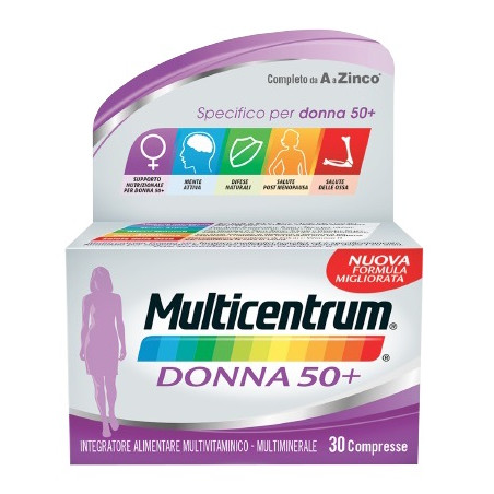 Confezione da 30 compresse di Multicentrum Donna 50+, integratore multivitaminico e multiminerale per donne over 50.