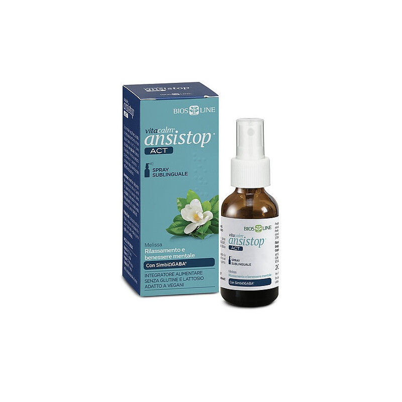 Flacone da 20 ml di Biosline Vitacalm Ansistop Act Spray, rimedio per ansia e agitazione.