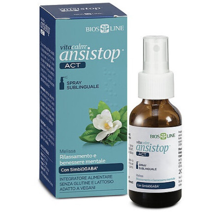 Flacone da 20 ml di Biosline Vitacalm Ansistop Act Spray, rimedio per ansia e agitazione.