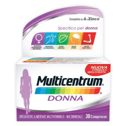 Flacone da 30 compresse di Multicentrum Donna, integratore di vitamina D e acido folico.
