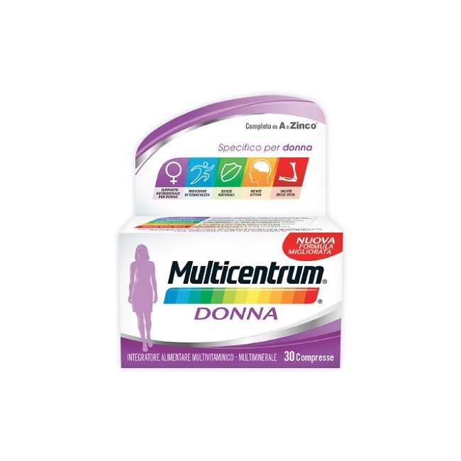 Flacone da 30 compresse di Multicentrum Donna, integratore di vitamina D e acido folico.
