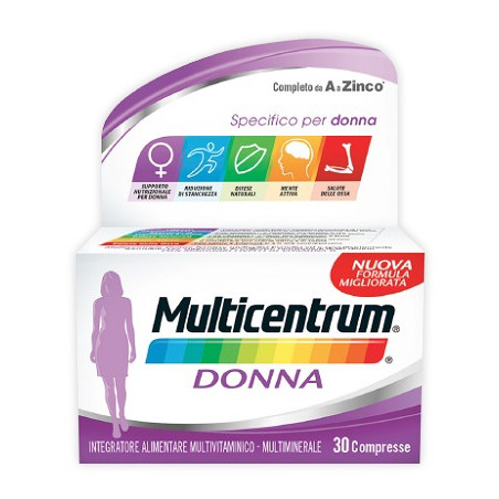 Flacone da 30 compresse di Multicentrum Donna, integratore di vitamina D e acido folico.