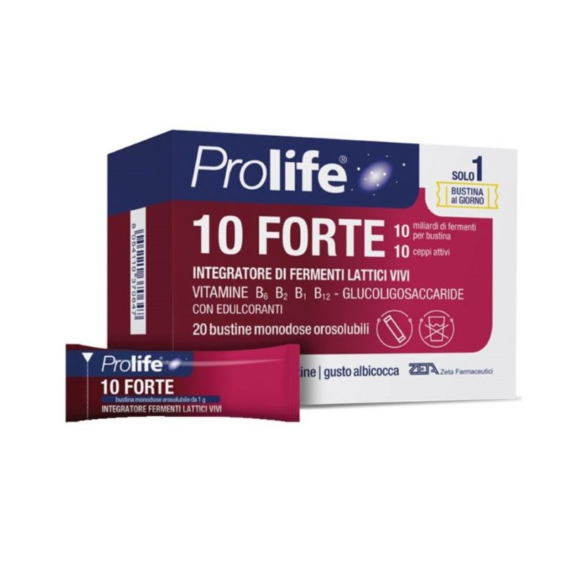Confezione da 20 bustine orosolubili di Prolife 10 Forte con fermenti lattici probiotici per il benessere intestinale Confezione da 20 bustine orosolubili di Prolife 10 Forte con fermenti lattici probiotici per il benessere intestinale