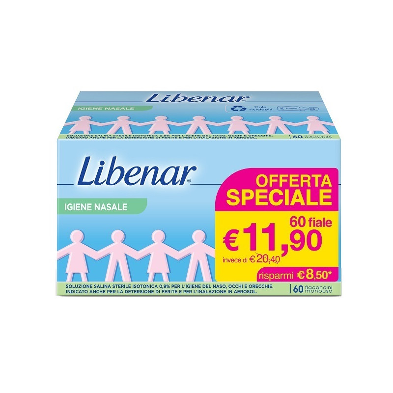 Confezione da 60 flaconcini di Libenar Igiene Nasale, soluzione sterile isotonica.