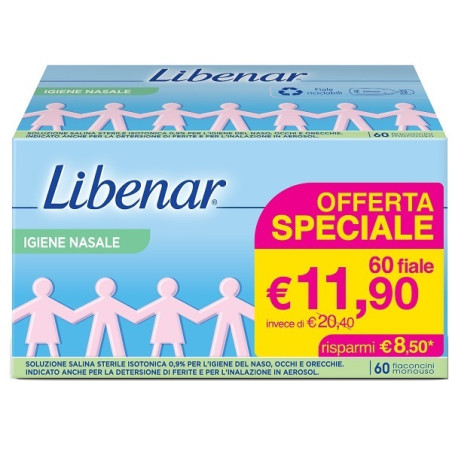 Confezione da 60 flaconcini di Libenar Igiene Nasale, soluzione sterile isotonica.