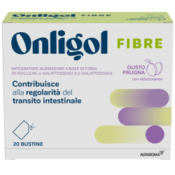 Confezione da 20 bustine di Onligol Fibre Integratore Per Favorire La Regolarità Intestinale E La Digestione Gusto Prugna.