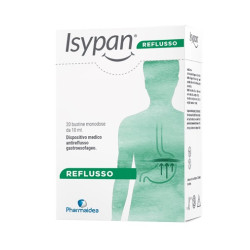 Confezione da 20 bustine di Isypan Reflusso, integratore per acidità e bruciore di stomaco.