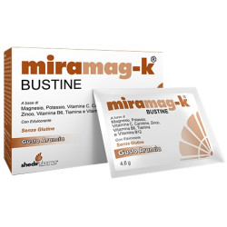 Confezione da 20 bustine di Shedir Miramag-K, integratore per il recupero muscolare ed energetico.