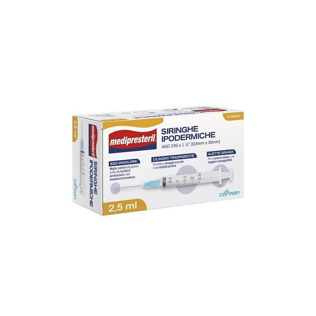 SIRINGA IPODERMICA MEDIPRESTERIL AGO 23 GAUGE 1 1/4 0,6X30MM 2,5 ML 10 PEZZI SIRINGA IPODERMICA MEDIPRESTERIL AGO 23 GAUGE 1 1/4 0,6X30MM 2,5 ML 10 PEZZI