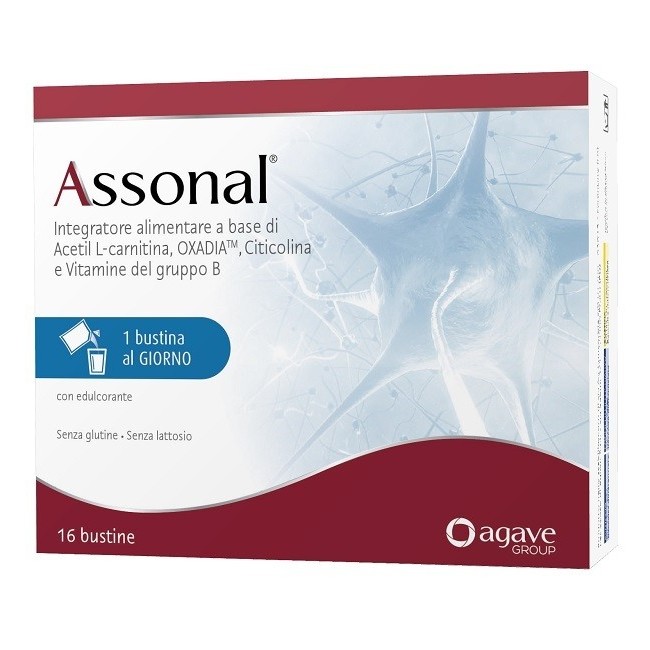 Confezione da 16 bustine di Assonal integratore per il benessere del sistema nervoso Confezione da 16 bustine di Assonal integratore per il benessere del sistema nervoso