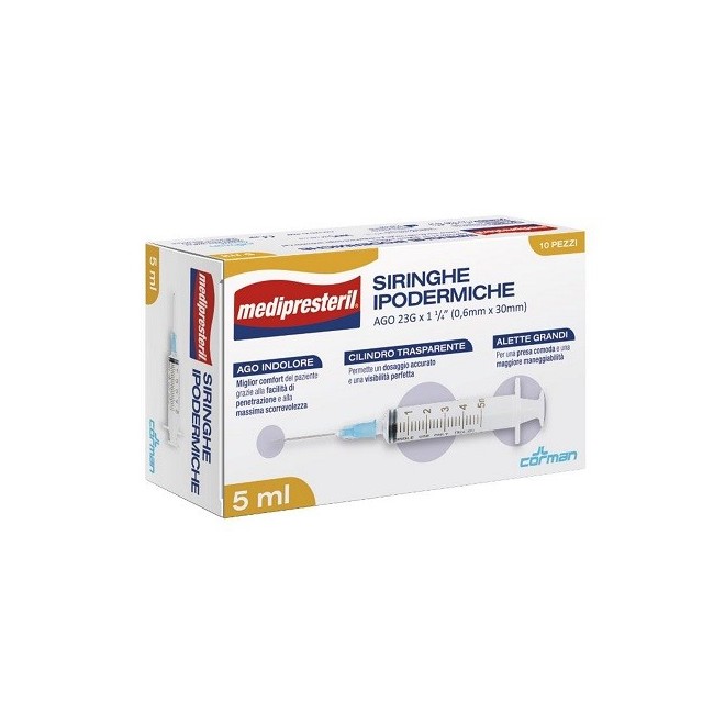 SIRINGA IPODERMICA MEDIPRESTERIL AGO 23 GAUGE 1 1/4 0,5X30MM 5 ML 10 PEZZI SIRINGA IPODERMICA MEDIPRESTERIL AGO 23 GAUGE 1 1/4 0,5X30MM 5 ML 10 PEZZI