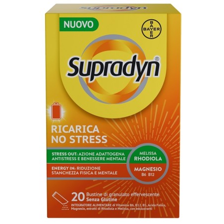 Confezione da 20 bustine di Supradyn Ricarica No Stress, integratore multivitaminico energizzante. Confezione da 20 bustine di Supradyn Ricarica No Stress, integratore multivitaminico energizzante.