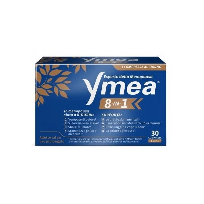 Confezione da 30 compresse di Ymea 8 In 1 Integratore Per Il Benessere Della Donna In Menopausa. Confezione da 30 compresse di Ymea 8 In 1 Integratore Per Il Benessere Della Donna In Menopausa.