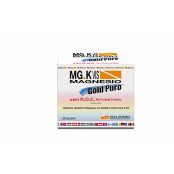 Confezione da 20 bustine di MG Gold Magnesio Citrato, integratore per contrastare l'astenia.