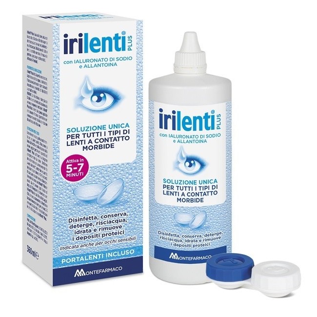 Flacone da 360 ml, completo di portalenti, di Irilenti Plus, prodotto per la pulizia di lenti a contatto morbide.