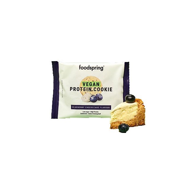 Confezione da 1 biscotto proteico vegano da 50 grammi gusto cheesecake al mirtillo Confezione da 1 biscotto proteico vegano da 50 grammi gusto cheesecake al mirtillo