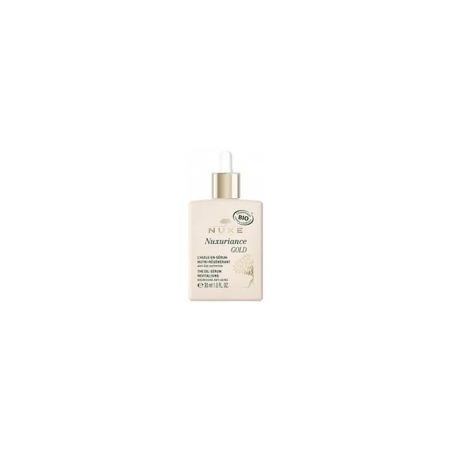Flacone da 30 Ml di Nuxe Nuxuriance Gold siero nutriente rivitalizzante. Flacone da 30 Ml di Nuxe Nuxuriance Gold siero nutriente rivitalizzante.