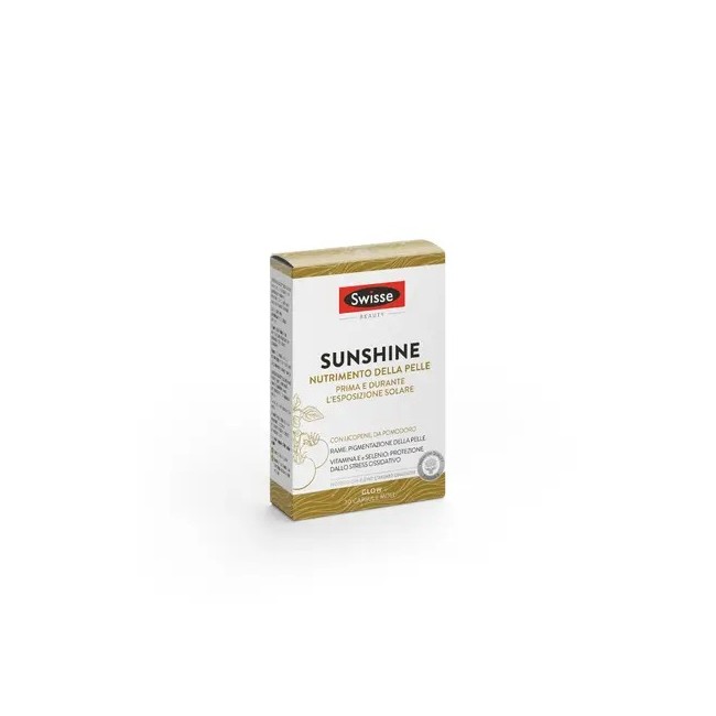 Confezione da 30 capsule molli di Swisse Sunshine, integratore per preparare la pelle all'esposizione solare. Confezione da 30 capsule molli di Swisse Sunshine, integratore per preparare la pelle all'esposizione solare.