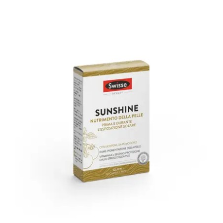 Confezione da 30 capsule molli di Swisse Sunshine, integratore per preparare la pelle all'esposizione solare.