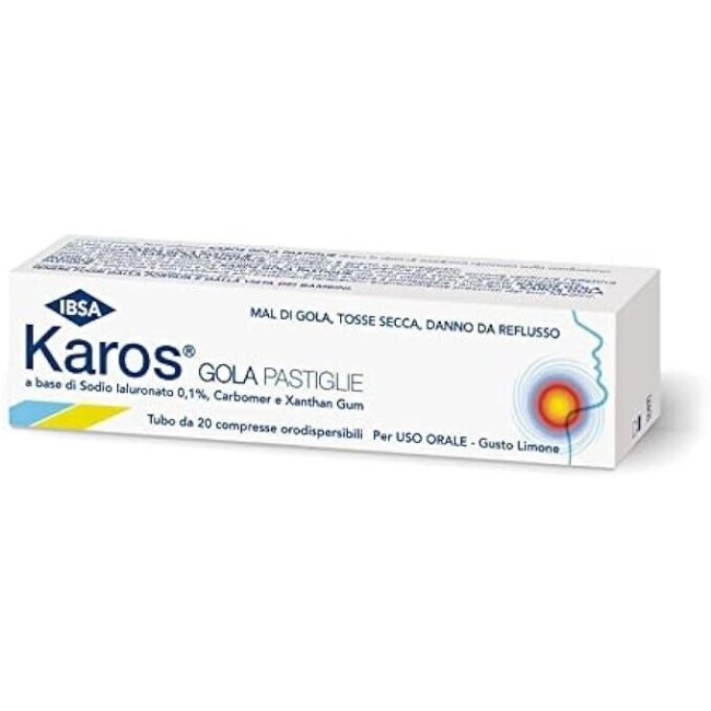 Confezione da 20 compresse orodispersibili di Karos gola per mal di gola Confezione da 20 compresse orodispersibili di Karos gola per mal di gola