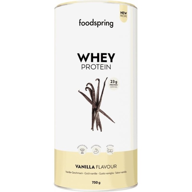 Barattolo da 750 grammi di whey protein in polvere Foodspring gusto vaniglia Barattolo da 750 grammi di whey protein in polvere Foodspring gusto vaniglia