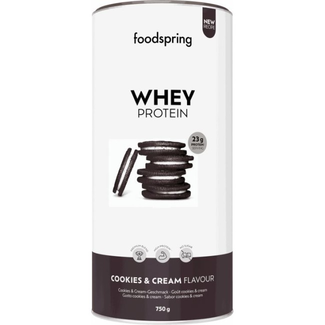 Barattolo da 750 grammi di whey protein in polvere Foodspring gusto Biscotti e crema Barattolo da 750 grammi di whey protein in polvere Foodspring gusto Biscotti e crema