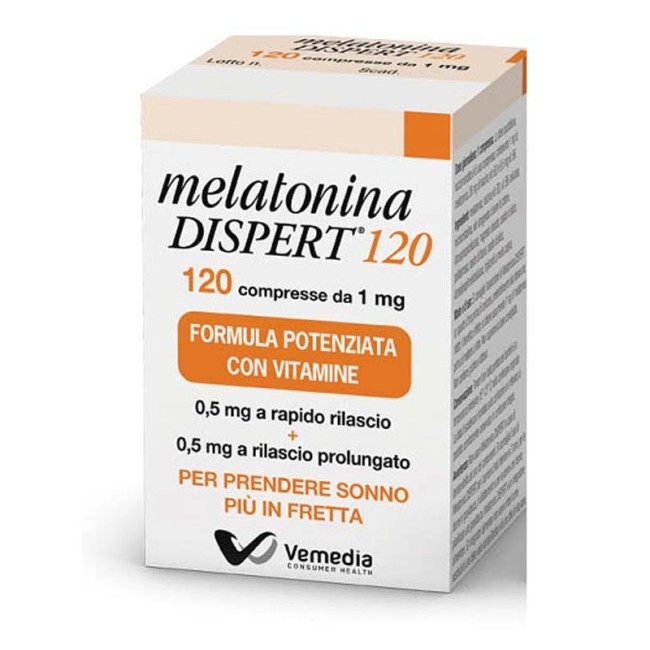 Confezione da 120 compresse di Melatonina Dispert, integratore utile contro i  disturbi del sonno.