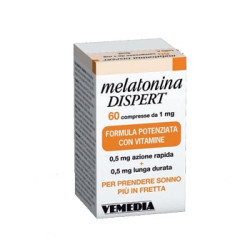Confezione da 60 compresse di Melatonina Dispert, integratore per insonnia e risvegli notturni.