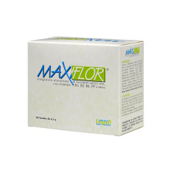 Confezione da 20 bustine di Maxiflor, integratore per diarrea e infezioni intestinali.