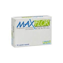 Confezione da 30 capsule di Maxiflor Integratore Di Fermenti Lattici E Vitamine Per Benessere Intestinale.