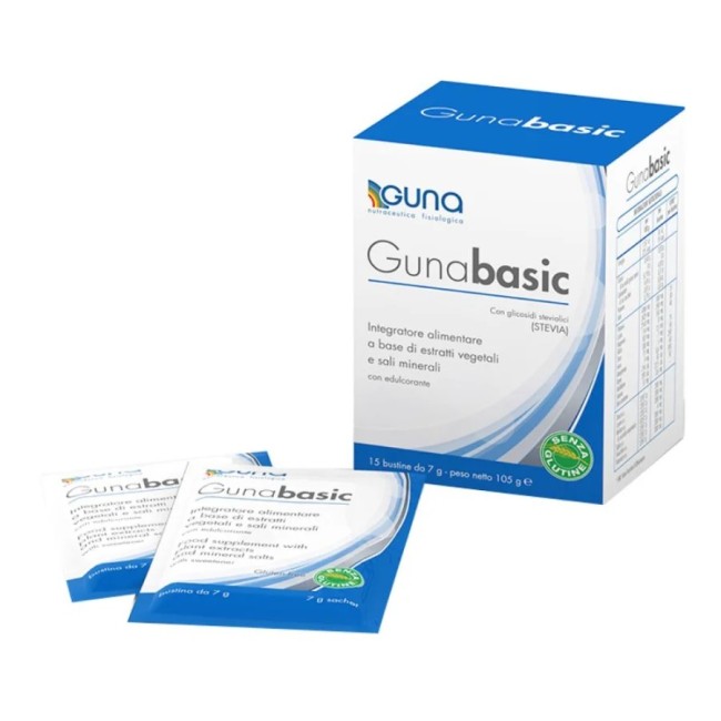 Confezione da 15 bustine di Gunabasic integratore depurativo e alcalinizzante Confezione da 15 bustine di Gunabasic integratore depurativo e alcalinizzante
