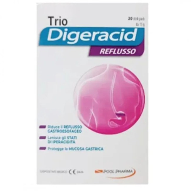 Confezione da 20 bustine liquide di trio Digeracid per bruciore di stomaco e reflusso gastrico Confezione da 20 bustine liquide di trio Digeracid per bruciore di stomaco e reflusso gastrico