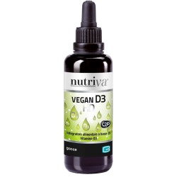 Flacone da 30 ml di Nutriva Vegan D3 HD, integratore per ossa e funzione immunitaria.