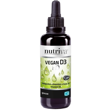 Flacone da 30 ml di Nutriva Vegan D3 HD, integratore per ossa e funzione immunitaria. Flacone da 30 ml di Nutriva Vegan D3 HD, integratore per ossa e funzione immunitaria.