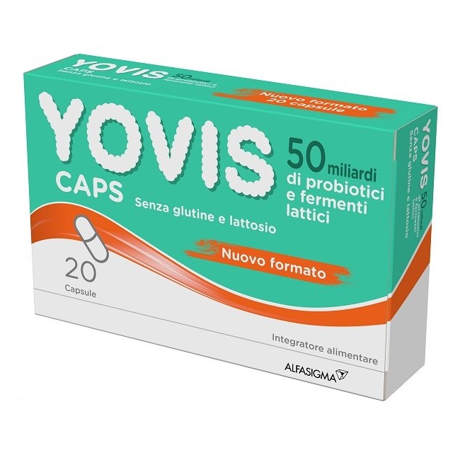 Confezione da 20 capsule di yovis caps con fermenti lattici per il benessere intestinale. Confezione da 20 capsule di yovis caps con fermenti lattici per il benessere intestinale.