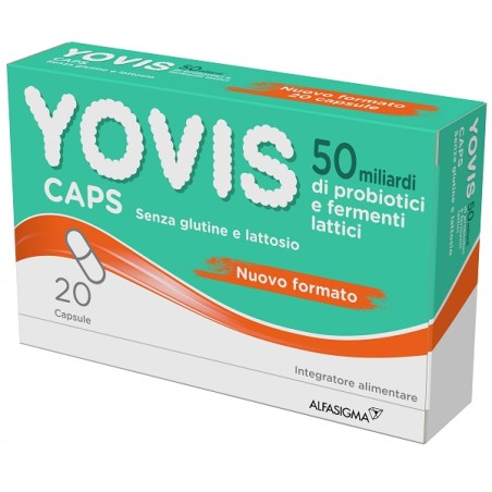 Confezione da 20 capsule di yovis caps con fermenti lattici per il benessere intestinale.